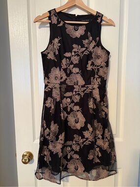 Ivanka Trump Black Midi Dress with Champagne Sparkle Floral Embroidery